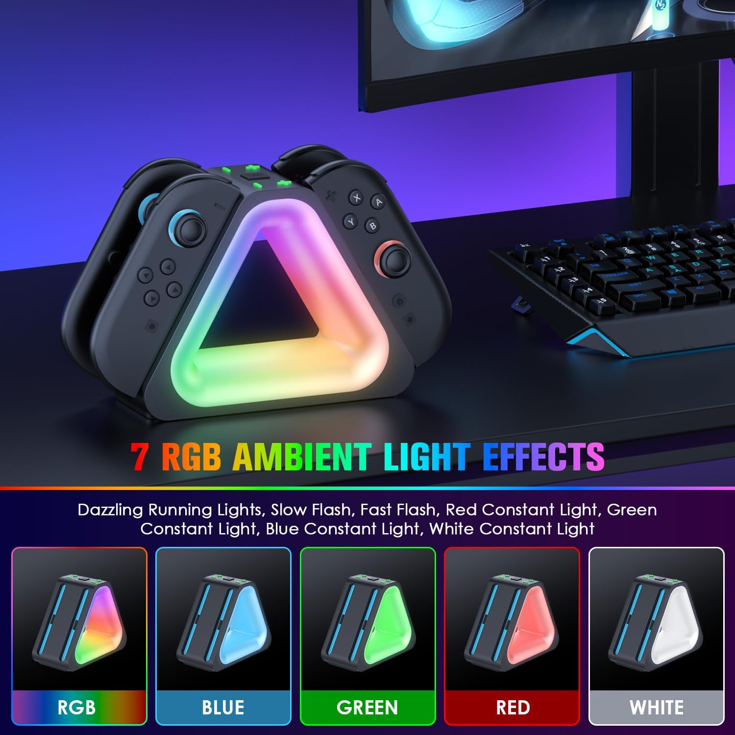 Switch 2 Joy-Con Charging Dock 4-in-1 Magnetic Fast Charging Station 7 RGB Lighting Modes Smart Safety Protection Compatible with 2025 Nintendo Switch 2 Controllers - Image 3