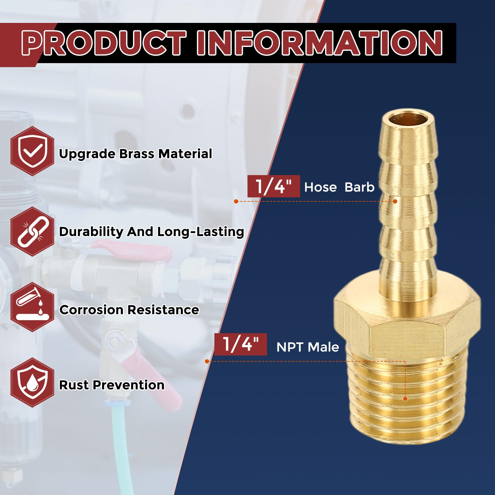 Kozelo Pack of 4 Brass Hose Barb Fittings 1/4" Hose Barb to 1/4" NPT Male Fittings, 1/4" Barb To 1/4" NPT Male - Image 2