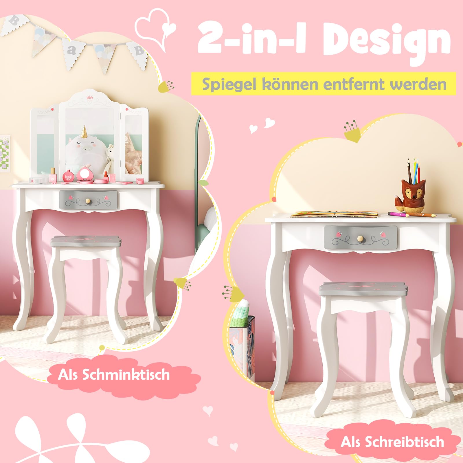 DREAMADE 2 IN 1 Kinder Schminktisch mit 10 TLG. Spielzubehör und Hocker, Prinzessin Frisiertisch mit Schublade, Kosmetiktisch Kinderschminktisch aus Holz für Mädchen ab 3 Jahren, weiß