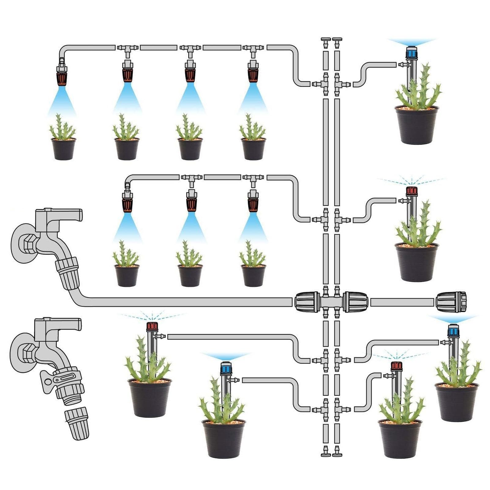 Completo Di Irrigazione A Goccia Fai Da Te: Tubo Principale Da 8 M + Tubo Di Diramazione Da 60 M Con Spruzzatori Regolabili Versatili (3 Tipi Di Ugelli) Per Giardino, Serra,A