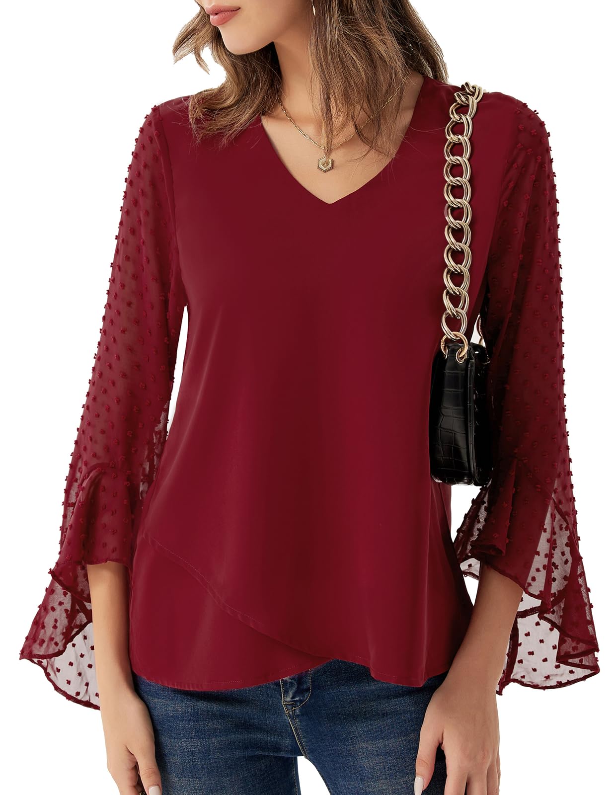 GRACE KARINWomens Dressy Tops Casual Chiffon Blouse Swiss Dot Ruffle Sleeve Shirts Loose Flowy Work Top