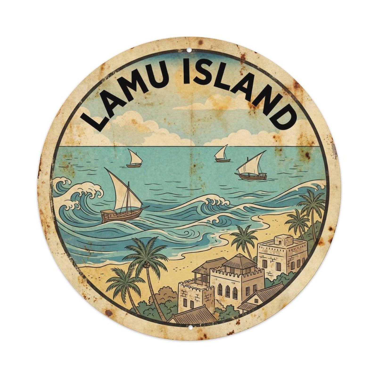 Lamu Island Coral Coast Woodblock Travel Metal Tin Sign