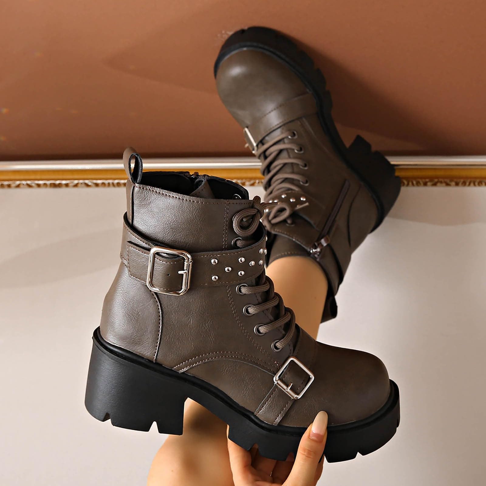 Genérico Botines Mujer Vestir Cordones Plataforma Botas Punta Redonda Elegantes Zapatos Cómodas Ligeros Caminar Bota Informales Antideslizantes Botin para Otoño Invierno Trabajo Paseo y Uso Diario