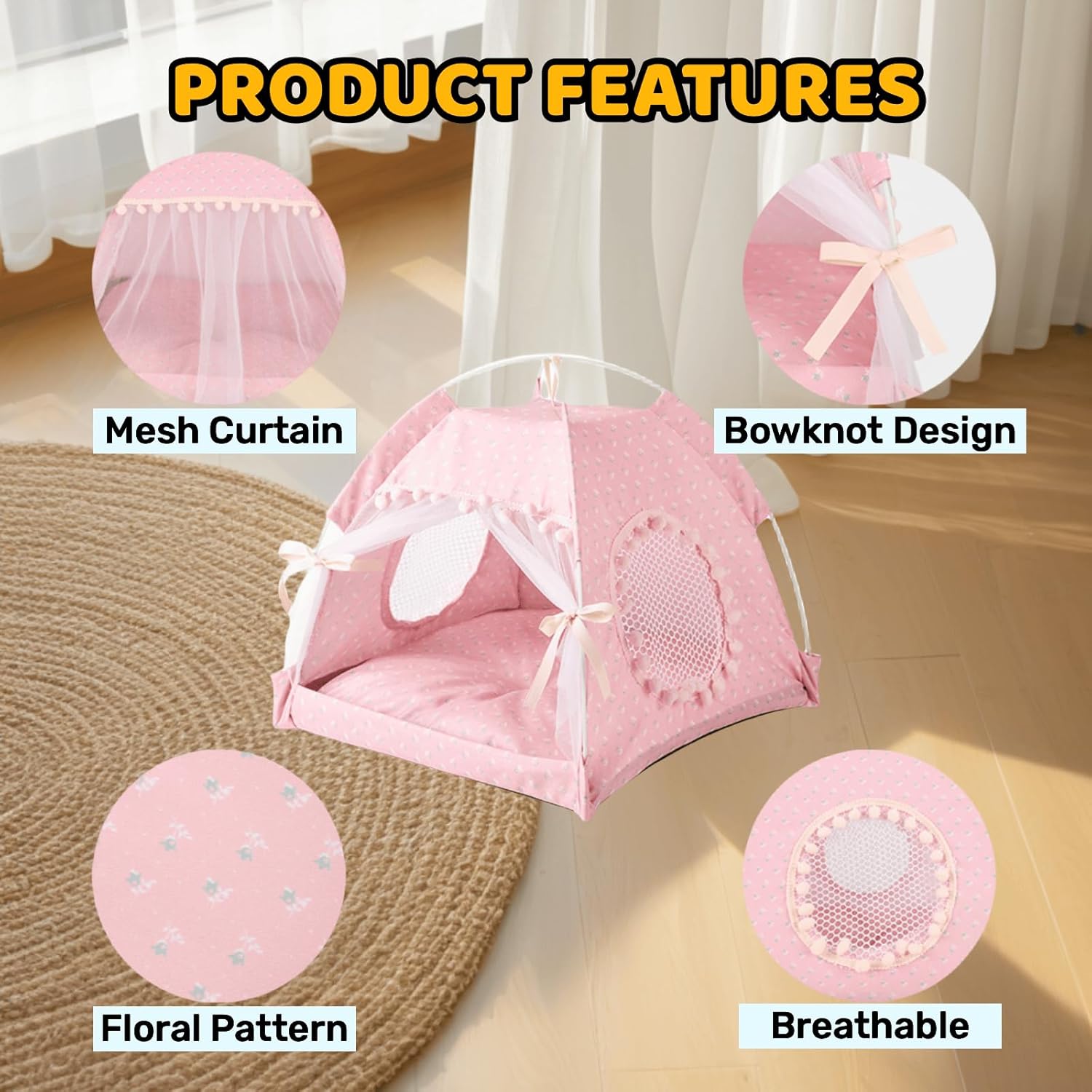 Cute Cat Tent Decorative Outdoor/Indoor Floral Cats Cave Bed Portable for Indoor Cats and Small Dogs with Soft Cool Mat Outside Summer Cat House Large 20x20x18 in (Blue)