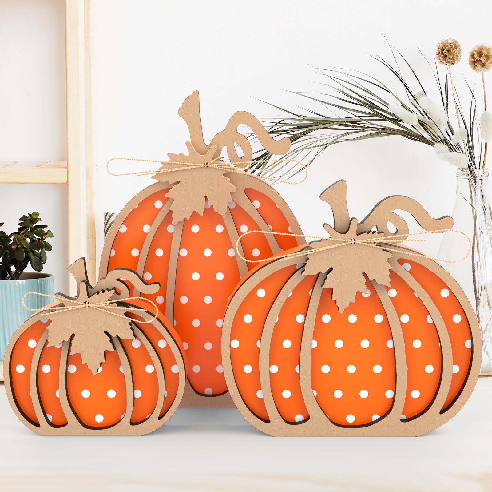 OLANRUN Fall Decorations for Home, Fall Decor - 3 Pcs Wooden Pumpkin Decor, Thanksgiving Decorations, Autumn Decor for Table Fireplace Shelf Bedroom