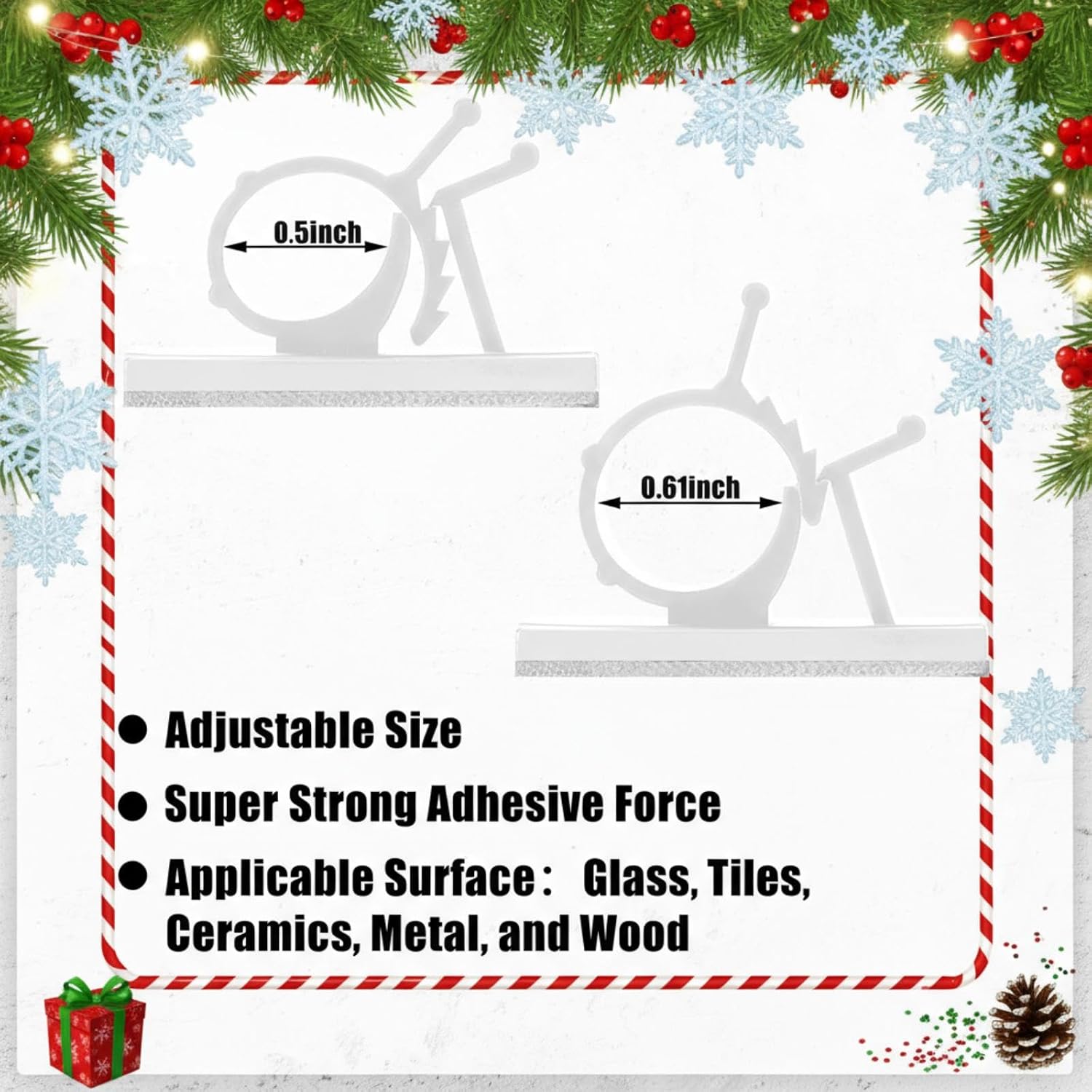 50 Pcs Christmas Outdoor Light Clips for String Lights Adjustable Adhesive Rope Sticky Clips No Drill Cable Management Clip Hooks for Christmas Decoration String Light Mantle Garland (White)