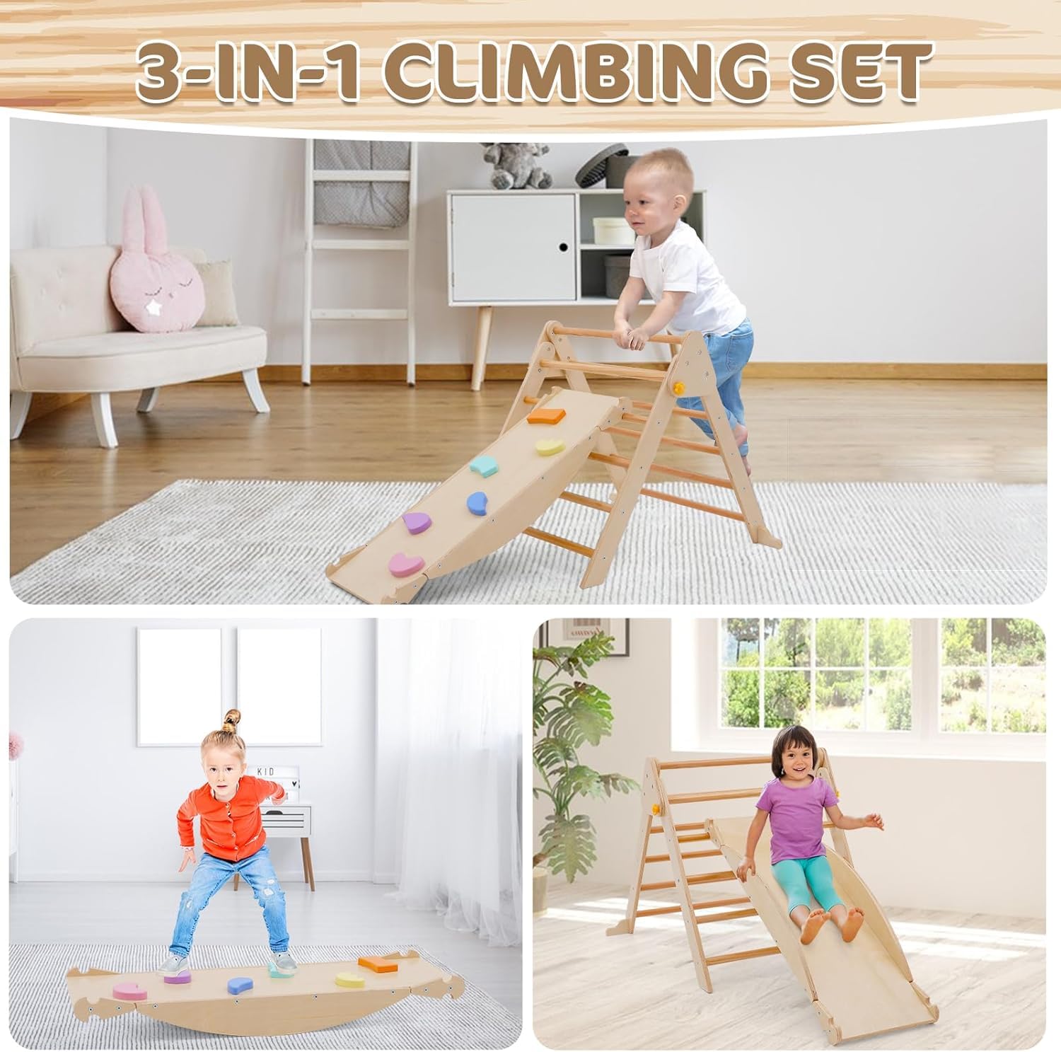4-in-1 Montessori Kletterdreieck, Klettergerüst Indoor mit Rutsche, Kletterleiter und Kletterbogen, Wippe, Faltbares Holz Klettern Spielzeug Indoor Outdoor Set, Indoor Spielplatz 1-5 Jahre
