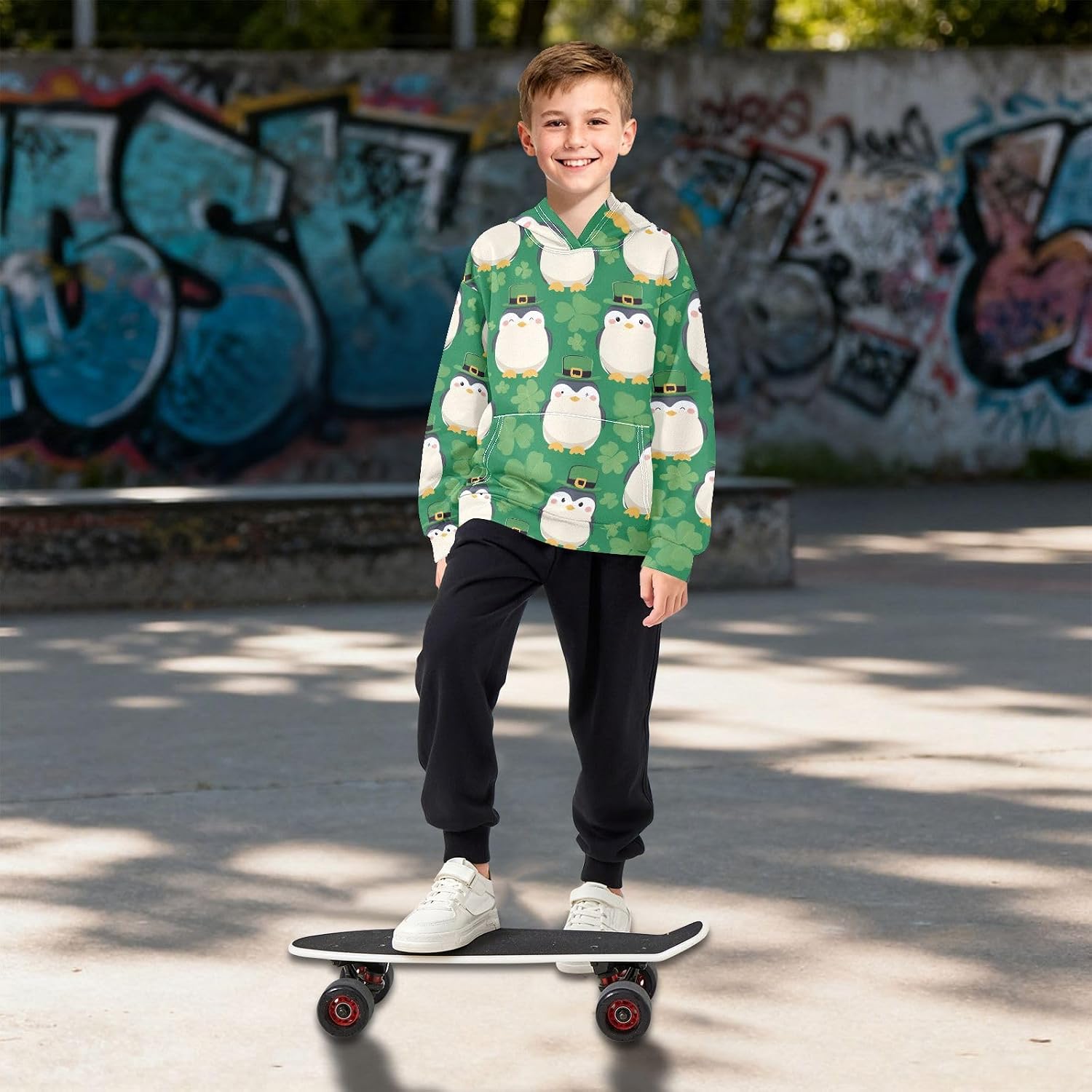 ZZXXB Penguin Shamrock Kids Sweatshirts Boys Girls Hooded Kangaroo Pocket Pullover Tops XS-XXL