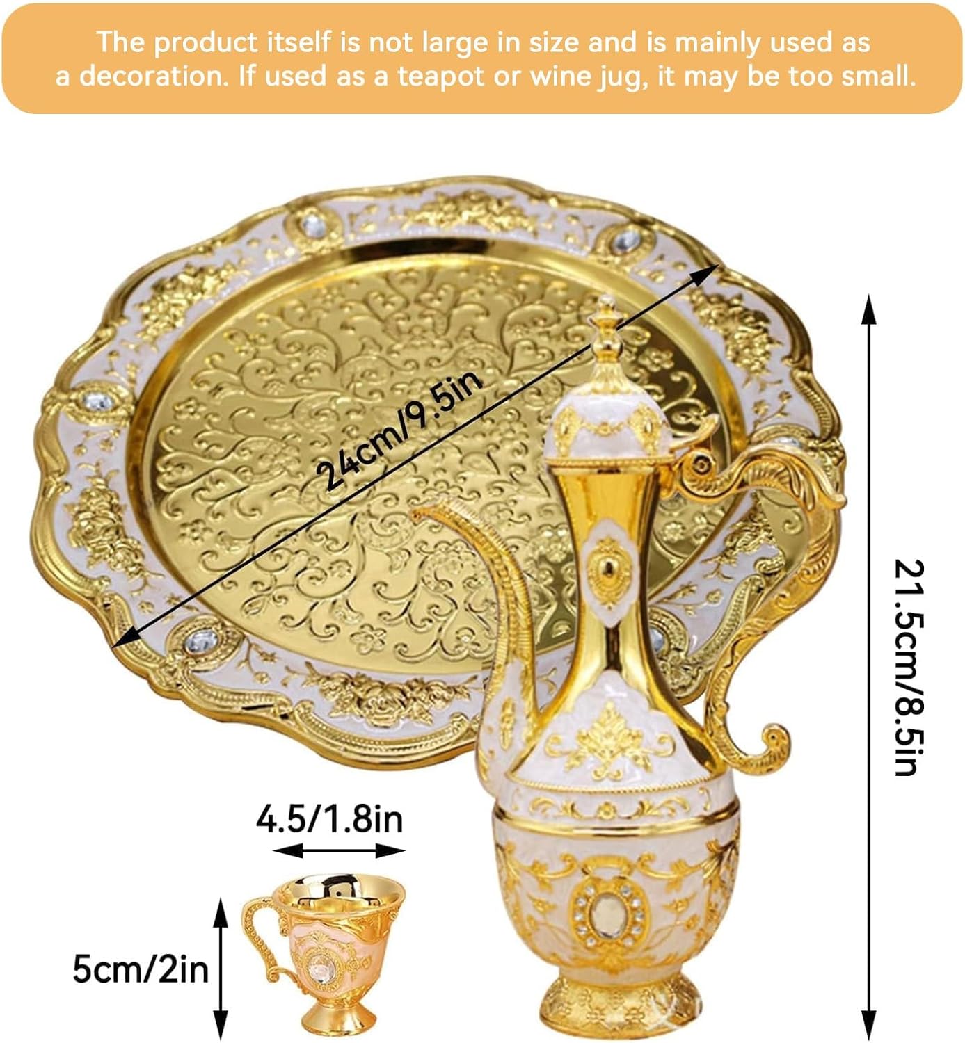 Gold Tea Set, Vintage Coffee Pot Set with 6 Cups and Tray, Luxury Zinc Alloy Turkish Teapot Set for Tea Party and Home Decor, European Style Art Craft Wedding Housewarming Gift