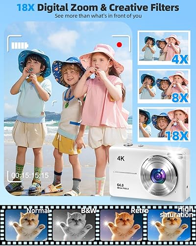 Miniatura 3 de Cámara digital 4K para fotografía, enfoque automático de 64 MP, tarjeta TF de 32 GB, pantalla LED de 2.8 pulgadas, zoom 18X, antivibración, cámaras