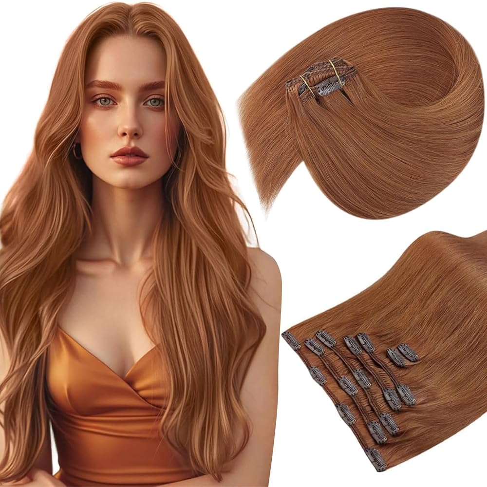 Sunny Hair Clip in Hair Extensions Real Human Hair Double Weft Remy Hair Clip in Extensions Human Hair for Women Full Head Ginger Copper 16inch