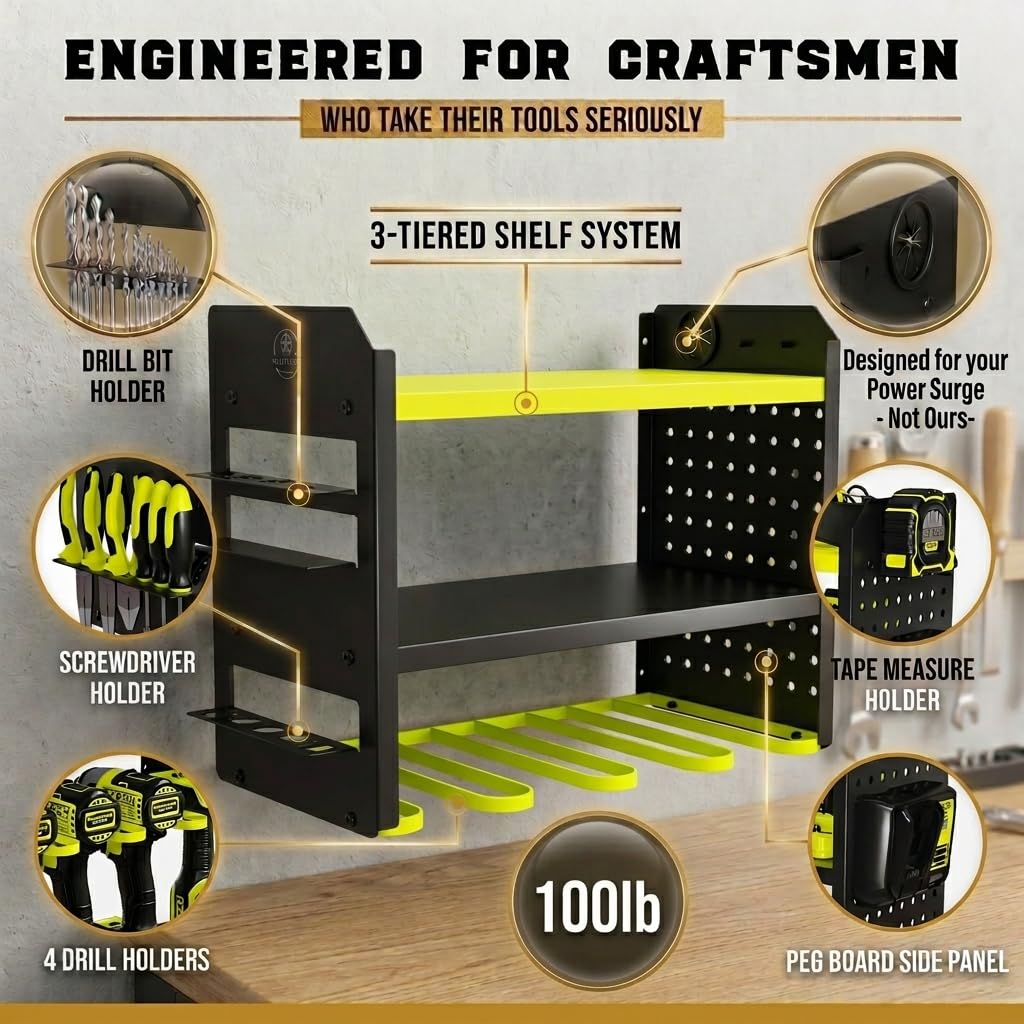 BUILTSTRONG Organizador de herramientas eléctricas de montaje en pared, estante de almacenamiento de herramientas de mano de metal resistente de 3 niveles, estantes de utilidad, soporte para taladros,