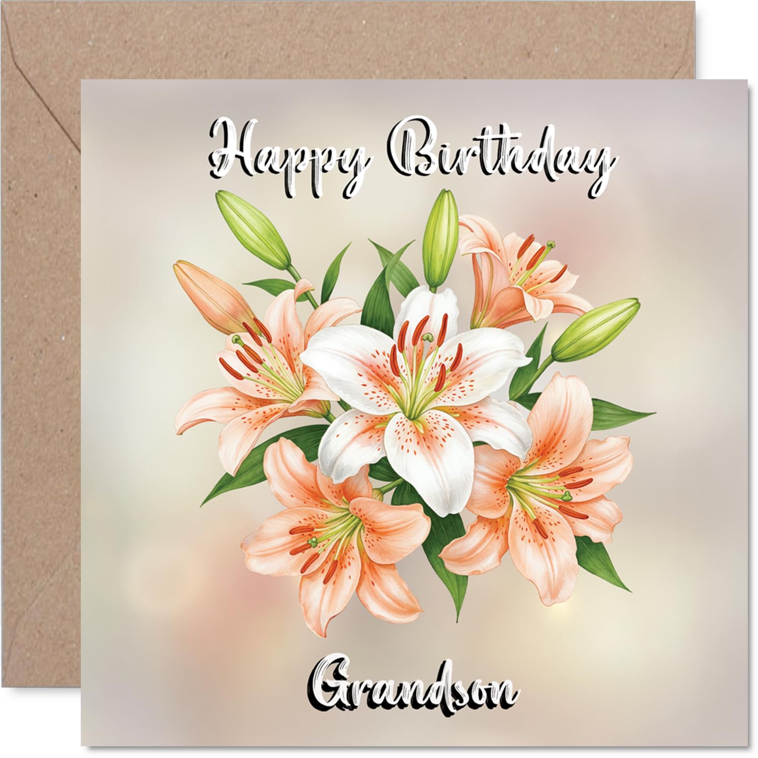 Grandson Birthday Card - Floral Flowers - Happy Birthday Card for Grandson from Grandad Nanny, 145mm Lilies Bday Greeting Cards