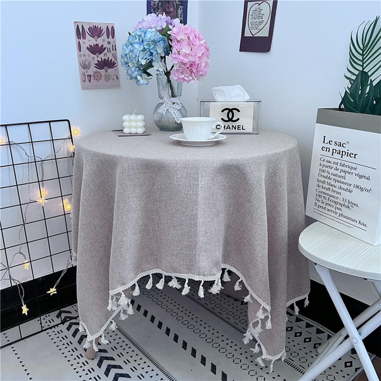 FOELANNE Embroidered Lace Tablecloth, Square Cotton Linen Tablecloth with Tassels, Washable, Multicolor, Multiple Sizes(Light Beige,90x90cm)