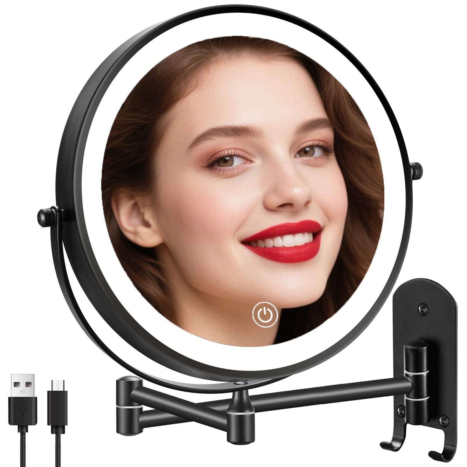 9" Rechargeable Wall Mounted Lighted Makeup Mirror, Double Sided 1X/10X Magnifying Mirror with 3 Color Lights Dimmable, Bathroom Mirror with Hook, Black