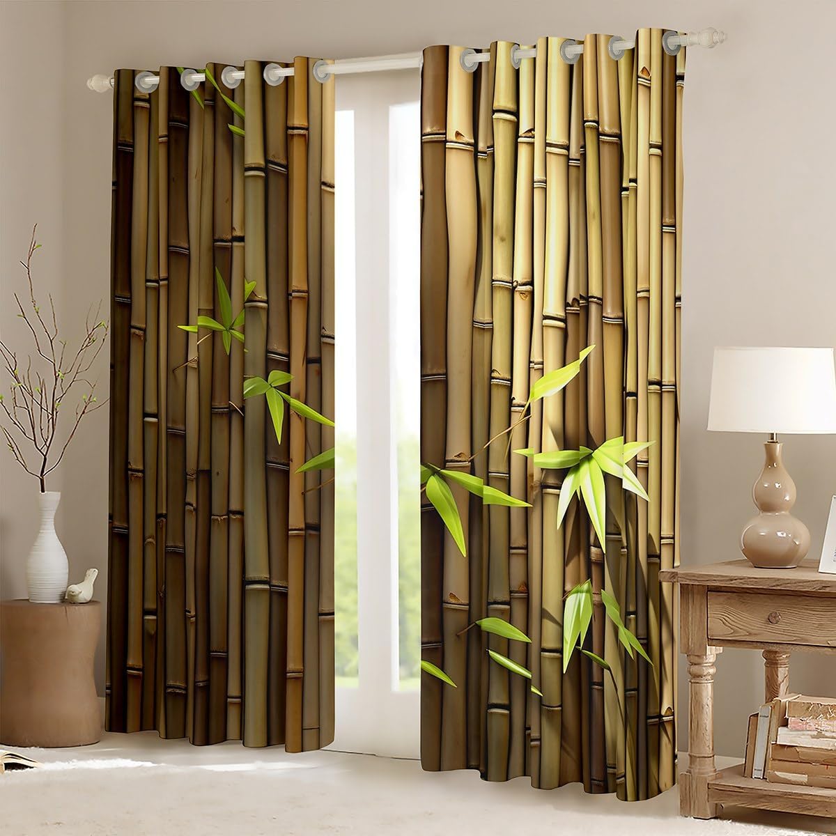 Erosebridal Leaves Blackout Curtains Japanese Style Darkening Curtains Bamboo Window Drapes Botanical Plants Window Treatments 42"x63",2 Panels