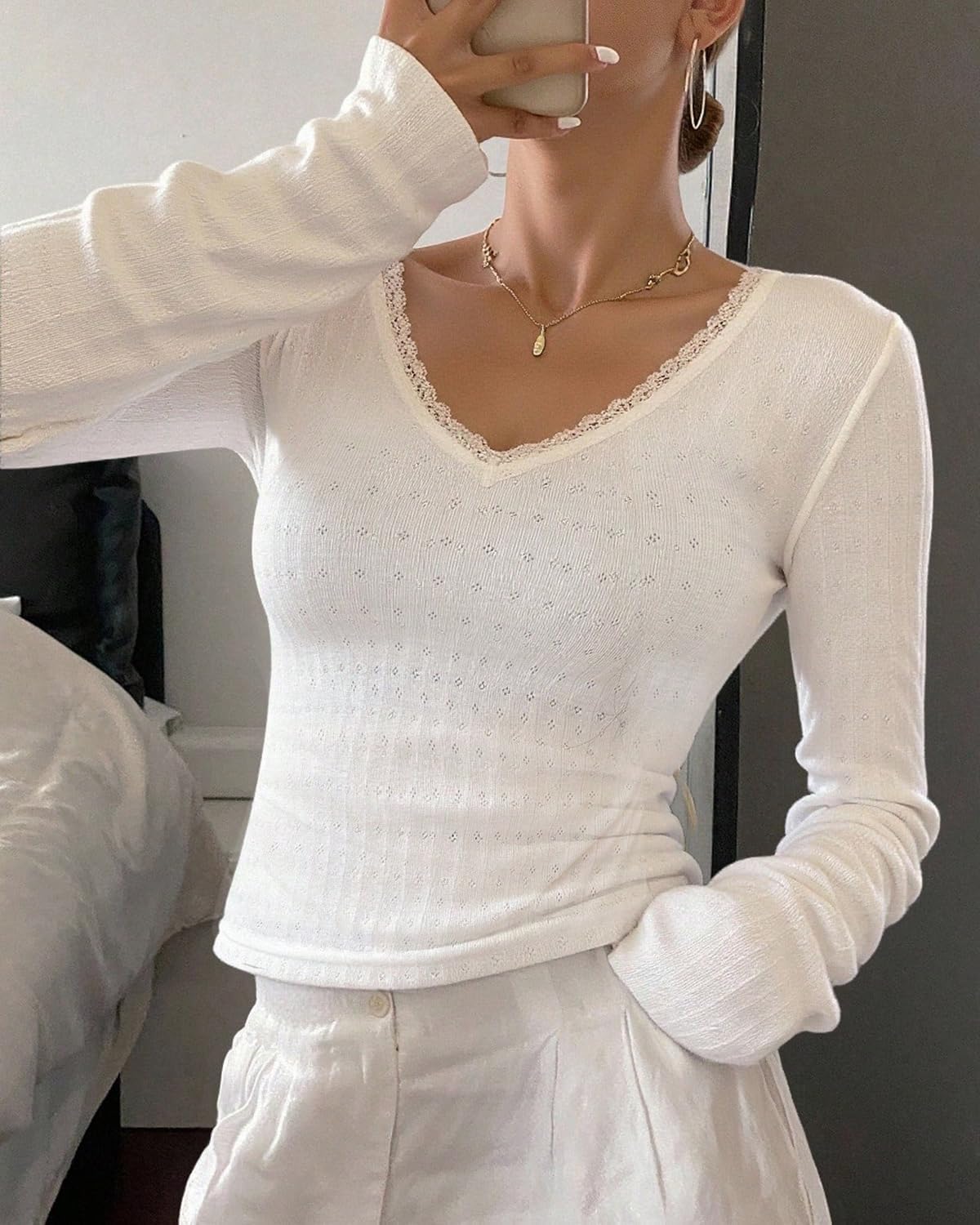 Cioatin Women Long Sleeve Pointelle Crop Tops Y2K Lace Patchwork V Neck Slim Fit Tshirt Minimalist Clothes Fall Going Out - Image 2