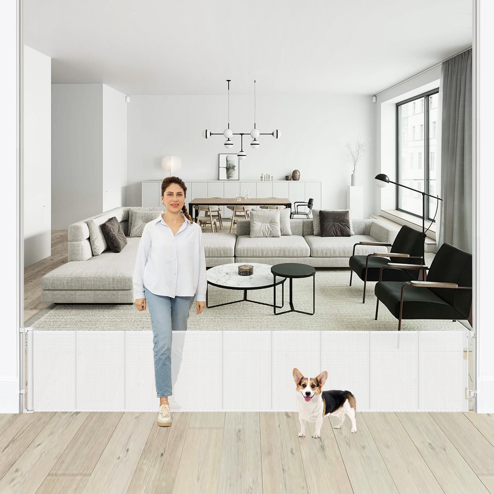 24 Inch Tall x 150 Inch Extra Wide Retractable Dog Gate for The House, Short Baby Gate to Step Over, Reinforced Mesh Puppy Gate for Doorways, Step