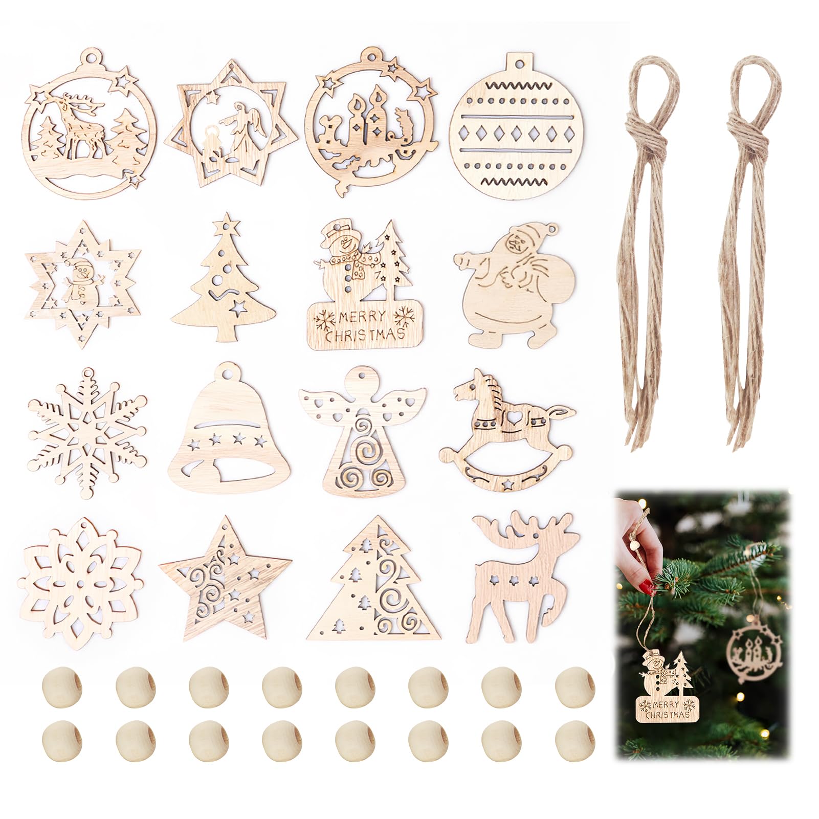 Set de 16 Unidades Decoración para árbol de Navidad de Madera, 7 cm, Colgantes navideños con Cuerda de Yute, Adecuado para Cajas de Regalo Decorativas, árboles de Navidad