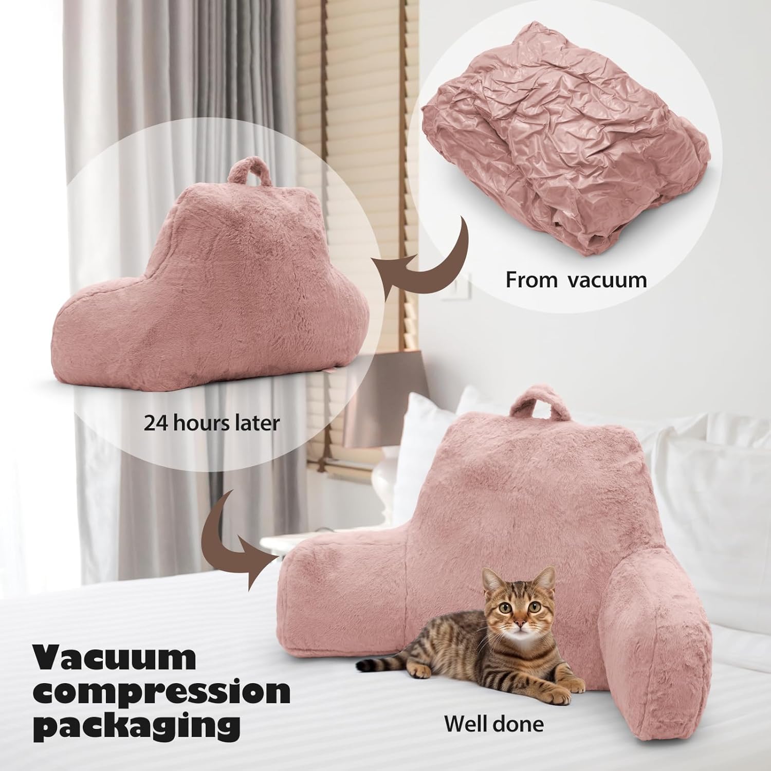 Reading Pillow for Sitting in Bed Adult, Standard Reading Pillow with Memory Foam, Back Pillow for Bed Sitting Up with Extend Arms, Pink