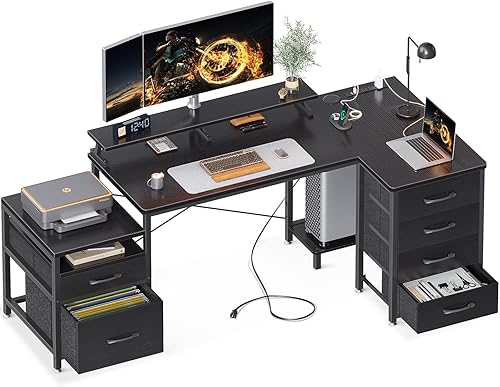 Escritorio en forma de L con 6 cajones y toma de corriente, escritorio de computadora de 72 pulgadas con cajón de archivos y estante para monitor,