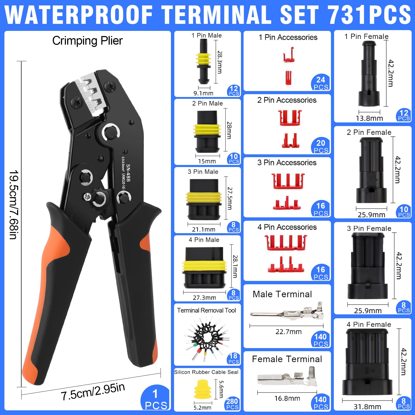 731PCS Juego de pinzas para engarzar cables, Set Alicates Terminales Electricos 0.5-2.5mm², Crimpadora Terminales electricos, Alicates de Terminales con Enchufe de Conector Electrico Impermeable