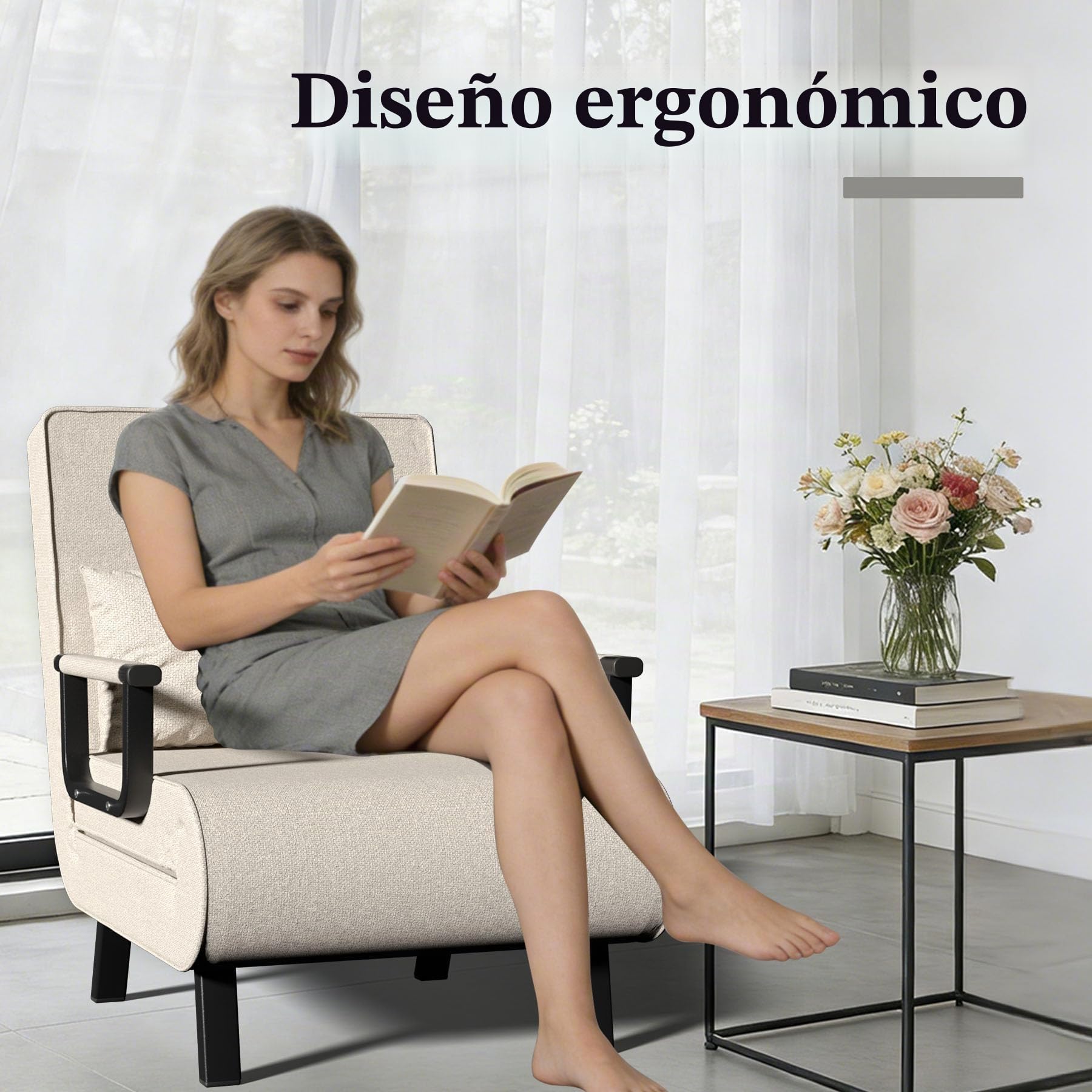 YLGJ&TIDY Sillón Cama 1 Plaza Plegable 3 en 1, Sofá Cama Individual Convertible con Respaldo Ajustable en 6 Posiciones, Poltrona Multifuncional Sillon Cama para Sala, Dormitorio y Oficina (Beige)