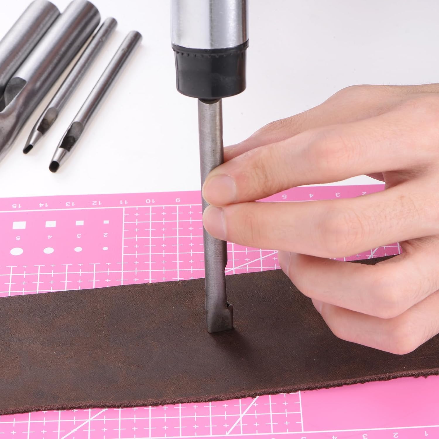 HARFINGTON 12pcs Leather Oval Hole Punch Stainless Steel with A5 Cutting Mat PVC Oblong Hole Punch Puncher Tool Hollow Punch Set for Leather Fabric Canvas Cloth Watch Band Wallet Belt