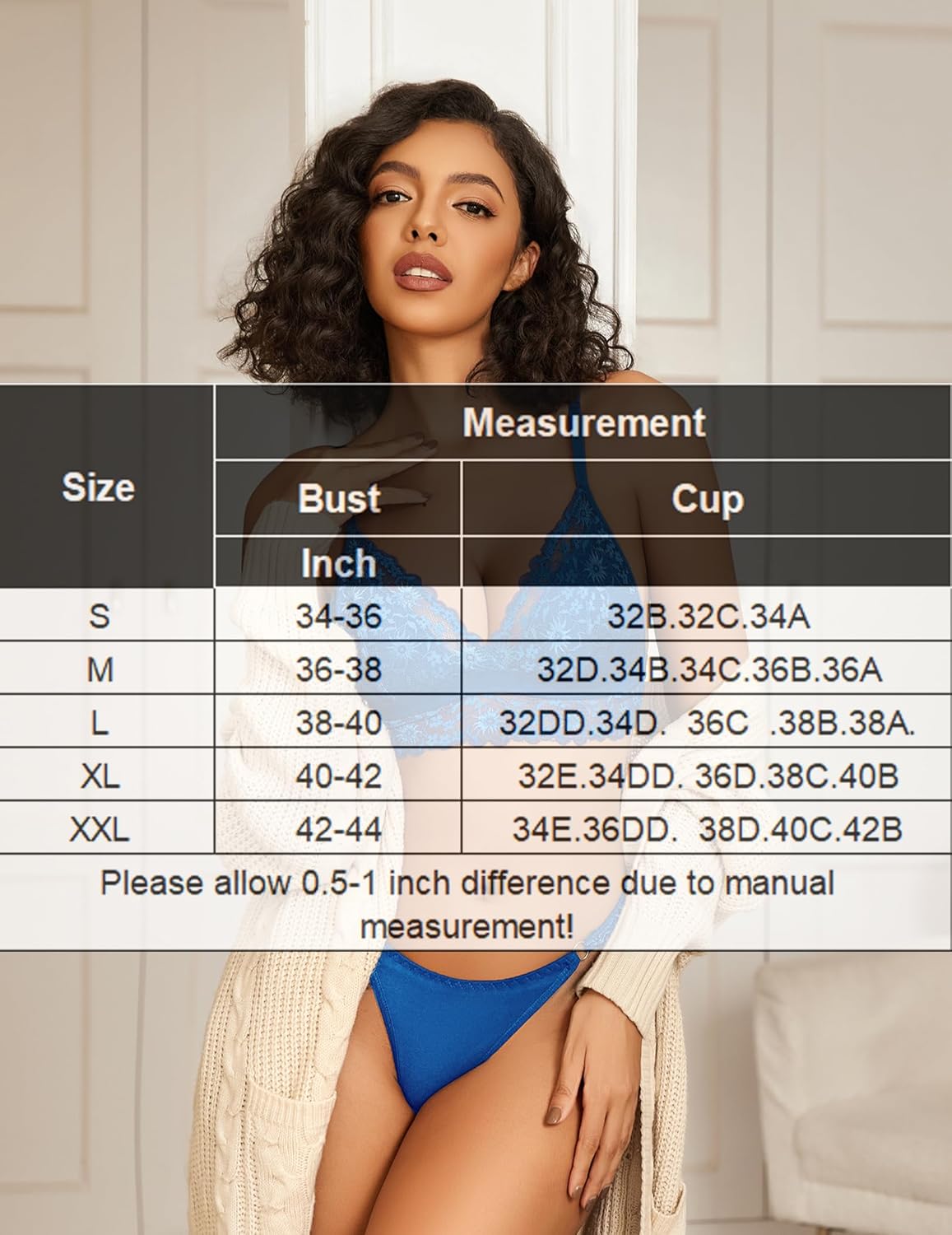 Avidlove Women's Sexy Non Padded Wireless Bralette Pure Comfort Lace Triangle V Neck Bralette Sapphire Blue M - Image 6