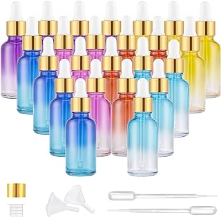 PrettyCare Eye Dropper Bottles 1oz (Rainbow Colored Glass Bottle 24 Pack 30ml with Golden Caps, 48 Labels, Funnel & Measured Pipettes) Empty Tincture Bottles for Essential Oils, Perfume