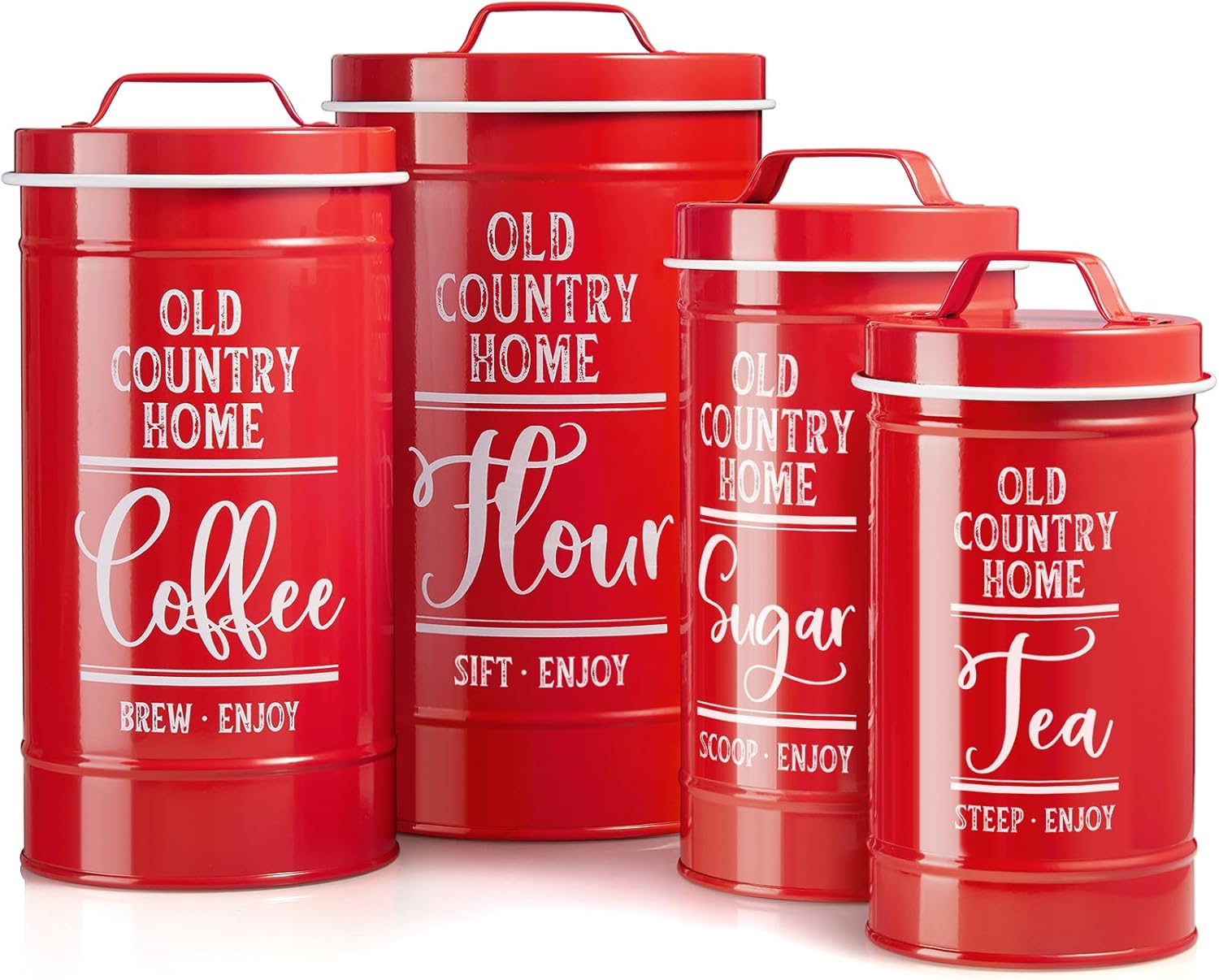 Red Canisters for Kitchen Counter, Airtight Kitchen Canisters for Countertop, Flour and Sugar Containers, Tea Coffee Sugar Canister Set, Red Kitchen Decor and Accessories, Set of 4