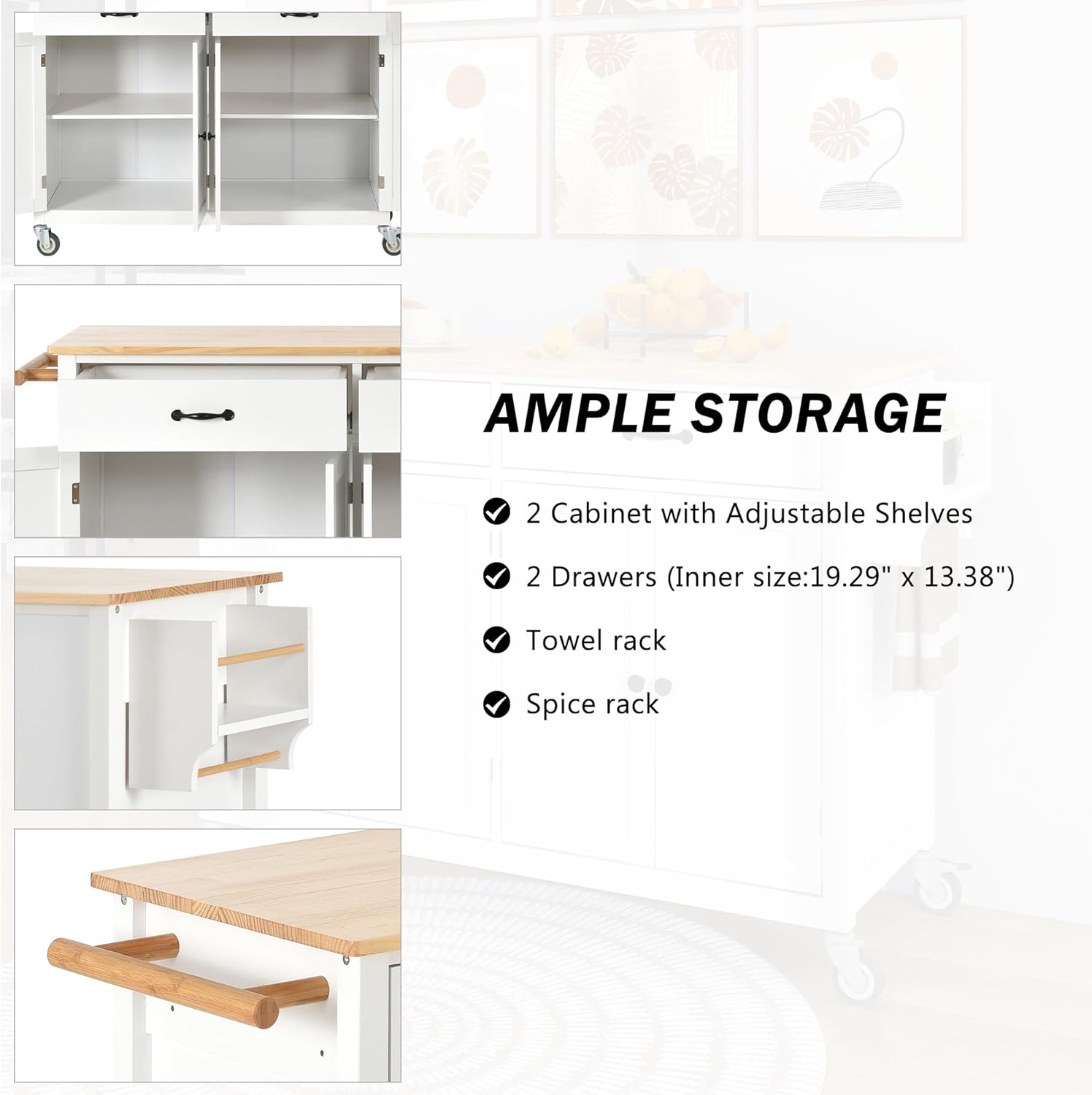 LUMISOL Rolling Kitchen Cart with 2 Drawers, Kitchen Island on Wheels with Solid Wood Top, Large Portable Trolley Island with 2 Cabinets for Dining Room Living Room, White