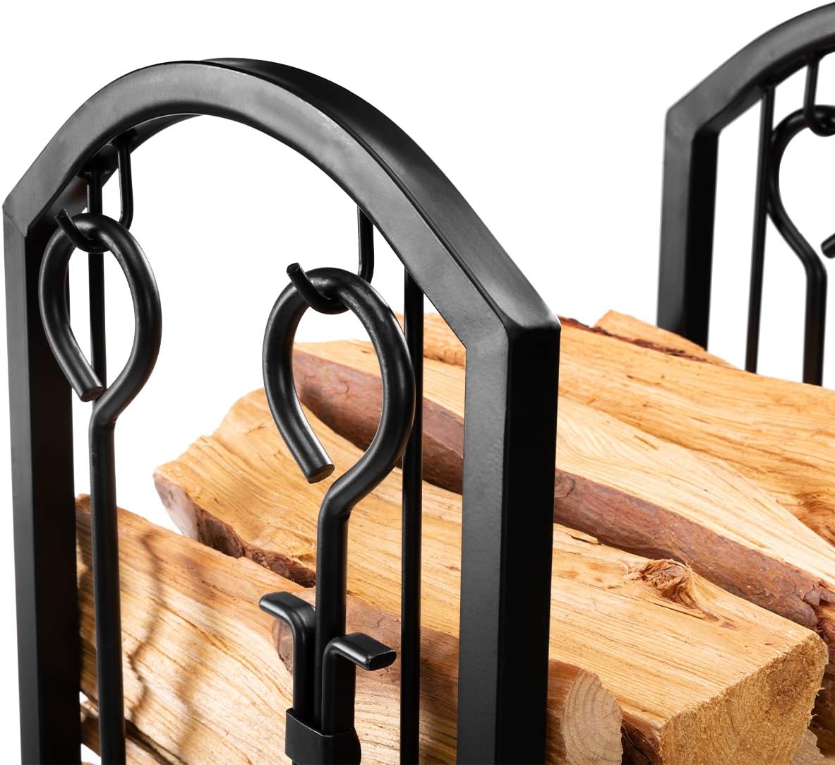 DOEWORKS All-In-One Heavy Duty Hearth Firewood Rack with Fireplace Tools Set, 18" Wide x 27.5" Tall Log Holder, Black