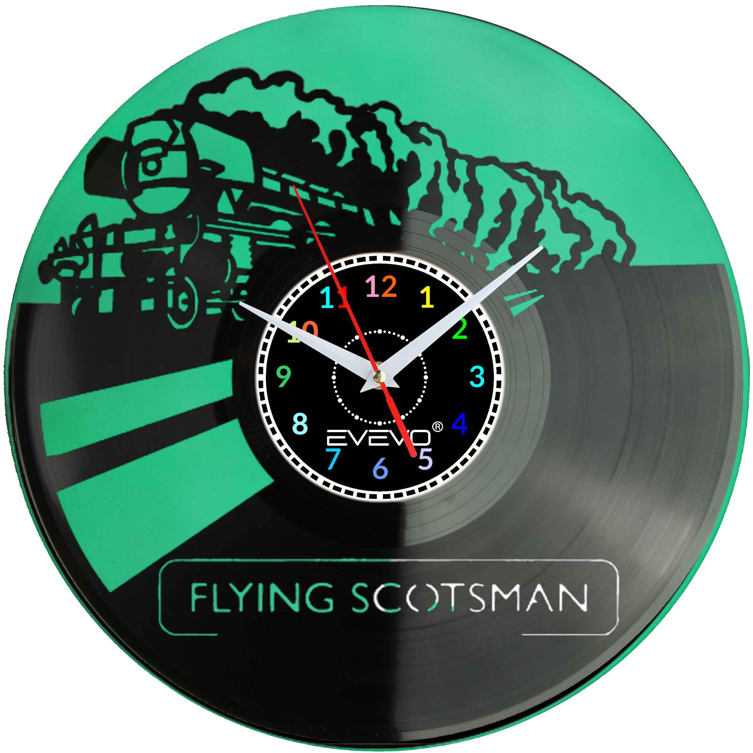 POCIĄG LOKOMOTYWA FLYING SCOTSMAN ZEGAR ŚCIENNY FLUORESCENCYJNE TŁO PŁYTA WINYLOWA PREZENT UPOMINEK URODZINY GIFT EVEVO F0053