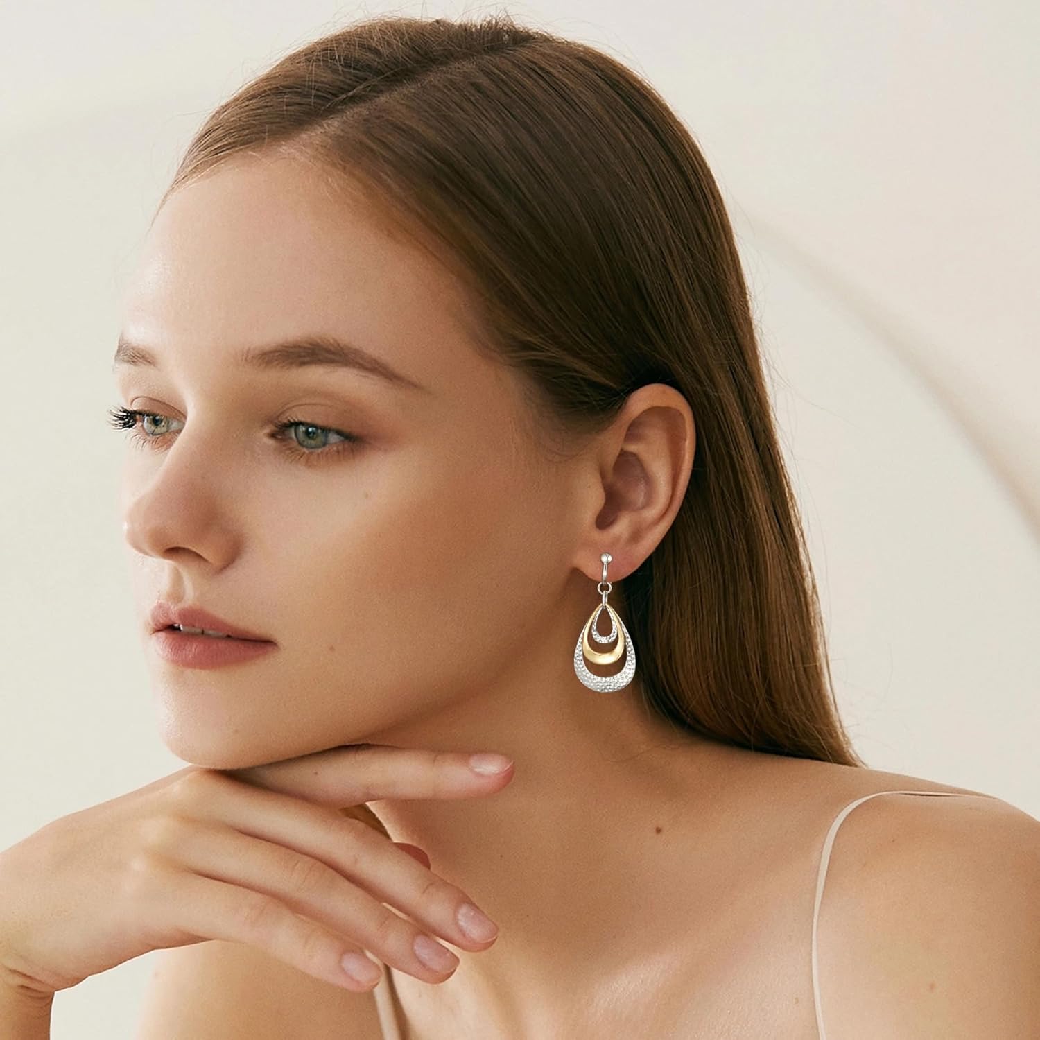 Clip on Earrings for Women Two Tone Disc Earrings for Women Mix Color Statement Drop Dangle Earrings Jewelry Hypoallergenic Hammered 14K Gold Plated Earring Non Pierced Earring Jewelry Gifts Wedding Party - Image 3