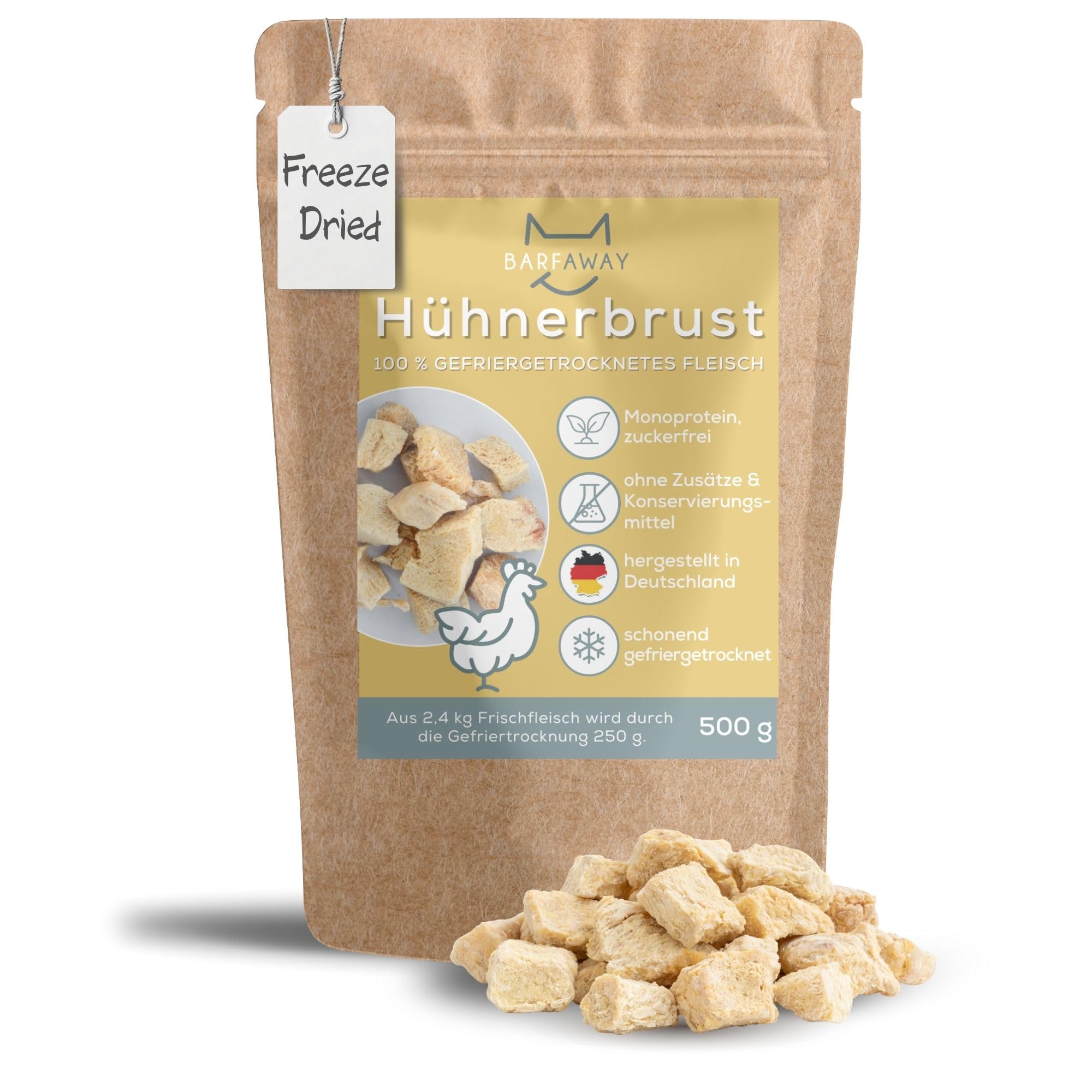 gefriergetrocknetes Hühnerbrustfilet, Premium Muskelfleisch, gesunde Hundeleckerlies, getreidefrei, zuckerfrei, 100% natürlich ohne Zusätze, Deutsche Herstellung, 500 g