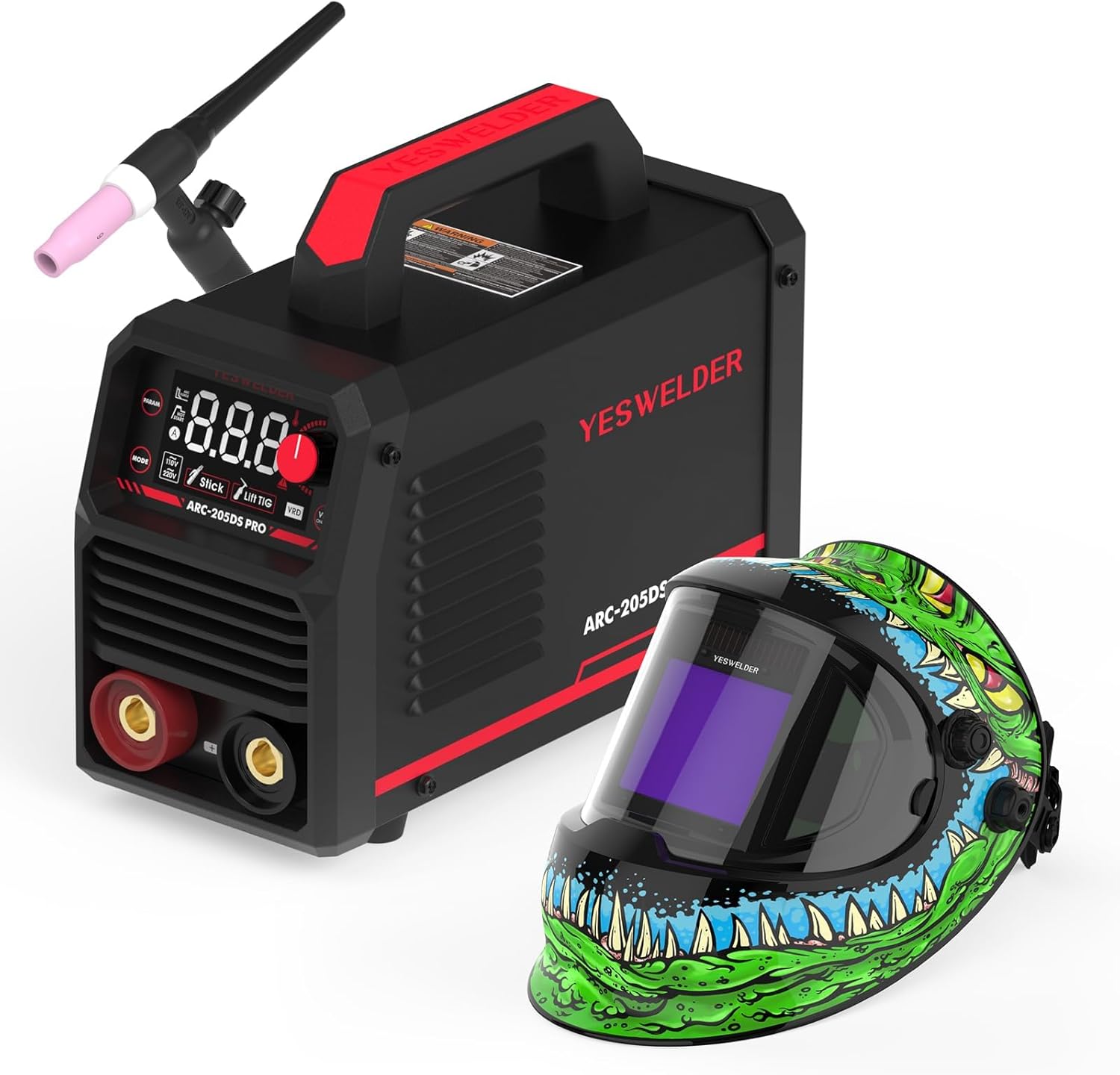 YESWELDER 205Amp Stick Welder with Lift TIG Torch, [Large LED Display] 110V/220V Dual Voltage Portable Welding Machine &Large View True Color Solar Powered Auto Darkening Welding Helmet with SIDE View