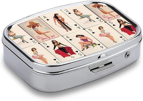 Miniatura 3 de Poker Pinup - Pastillero de viaje para niñas, 2 compartimentos, organizador de píldoras portátil, pequeño pastillero para bolsillo