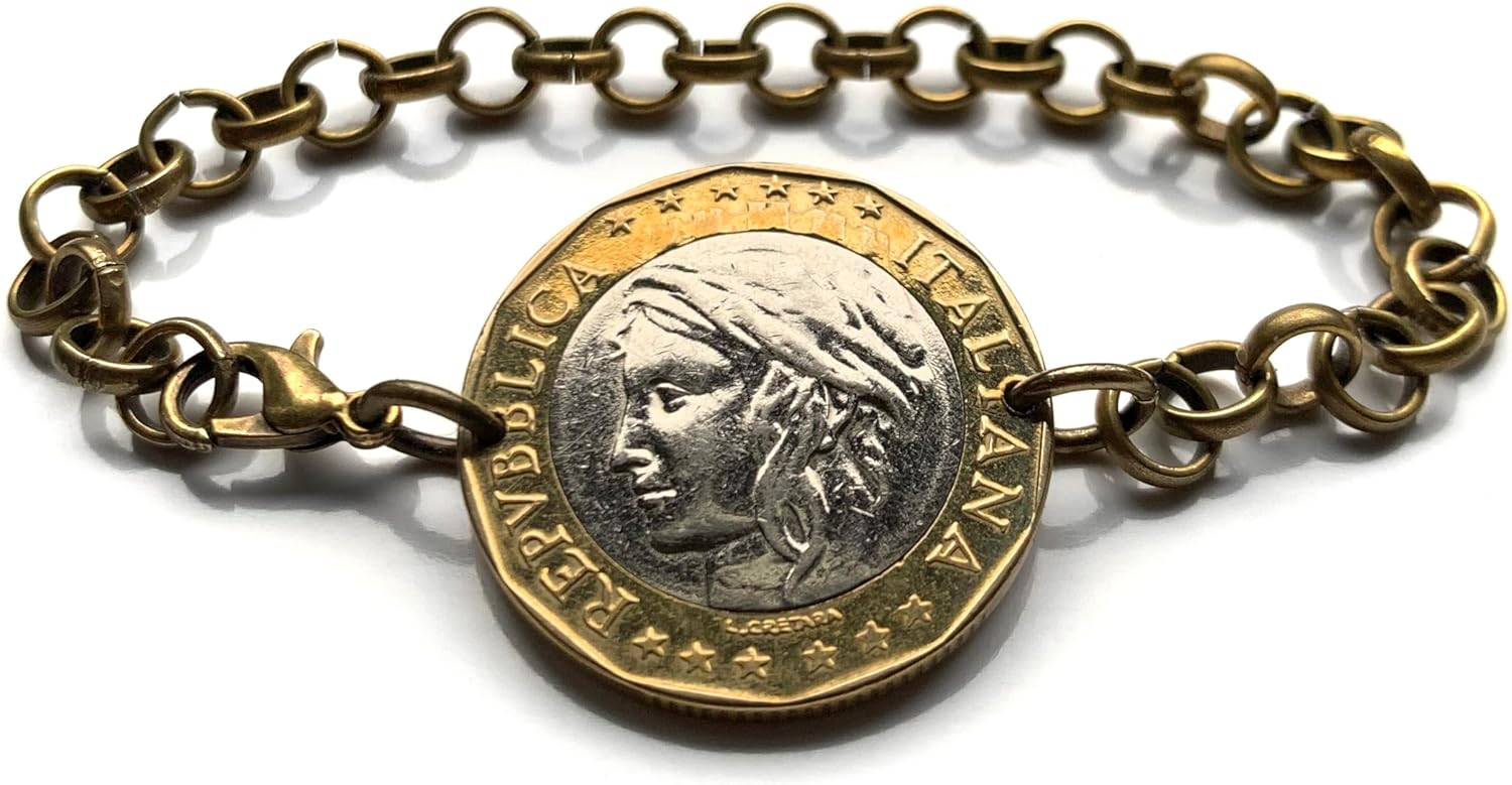 1997 Italy 1000 Lire coin bracelet lady Turrita Stella d'Italia Europa map Rome Florence Milano Venice Torino Palermo Siena Modena Lecce Perugia Bari Catania Messina Padua Trieste Ancona Pisa b000080