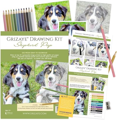 Grizaye Kit de dibujo Pastor  Preimpreso en papel artístico, con un juego de 12 lápices de colores, fotos, guía paso a paso y color para la lección