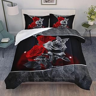 AILONEN 3D Oil Painting Red Rose Comforter Set Queen Size, Rose and Butterfly Bedding Set for Girls Women Couple Lover,3 Pieces,1 Quilt and 2 Pillowcases,Microfiber Comfortable