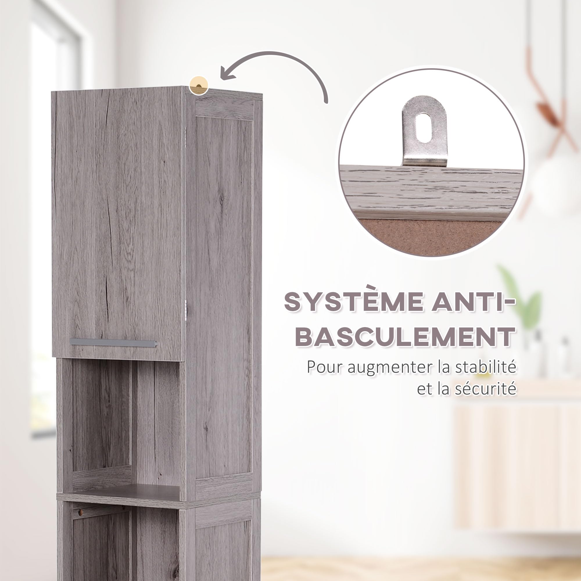 HOMCOM Meuble Colonne Rangement Salle de Bain dim. 30L x 32l x 172H cm Gris