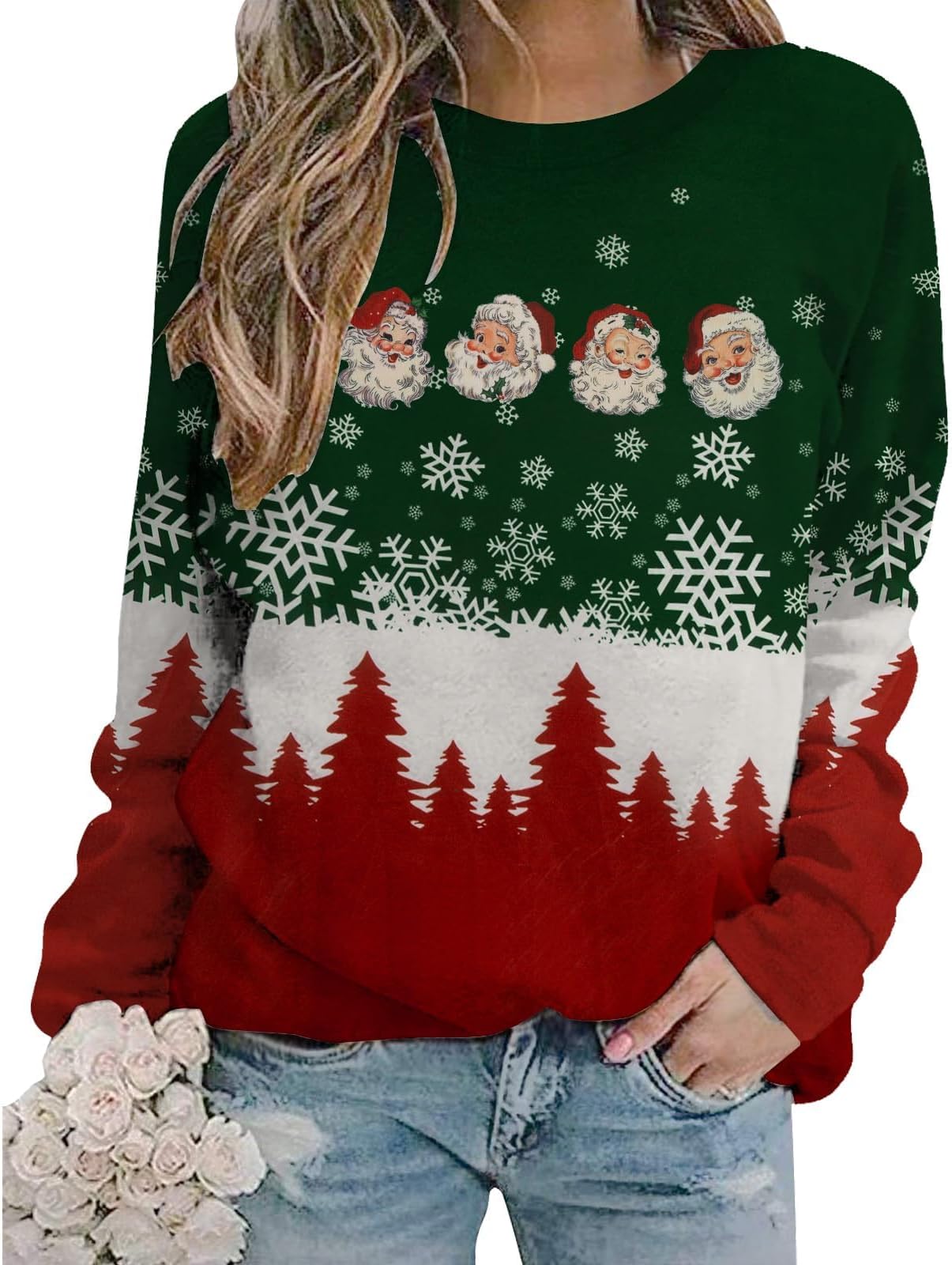 ASTANFY Christmas Sweaters for Women Funny Santa Claus Snowflake Graphic Tops Ugly Christmas Sweater Xmas Holiday Pullover
