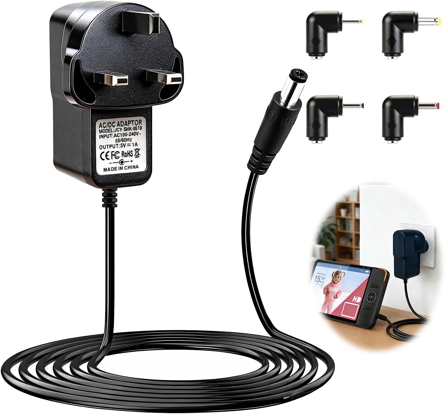 – 5V Power Cord for VTech VM901 VM919HD VM919-2HD VM819 VM819-2 PU Baby Monitor Handheld Screen Parent Unit 1M Universal Charger Power Supply Replacement with 4 Interchangeable Tip,Not for Baby Unit Cam
