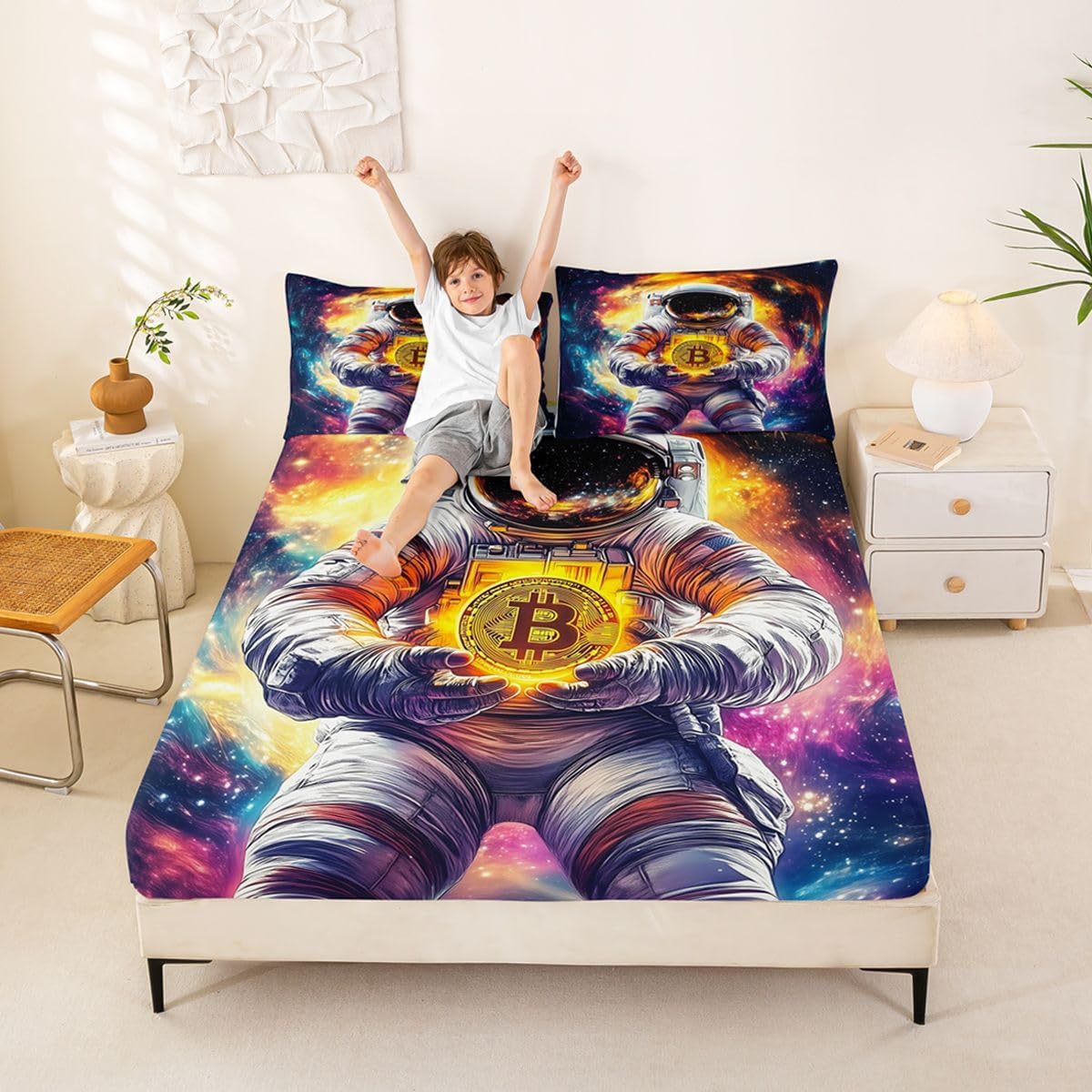 Cartoon Astronaut Queen Size Fitted Sheet 2 Pillowcases(No Flat)