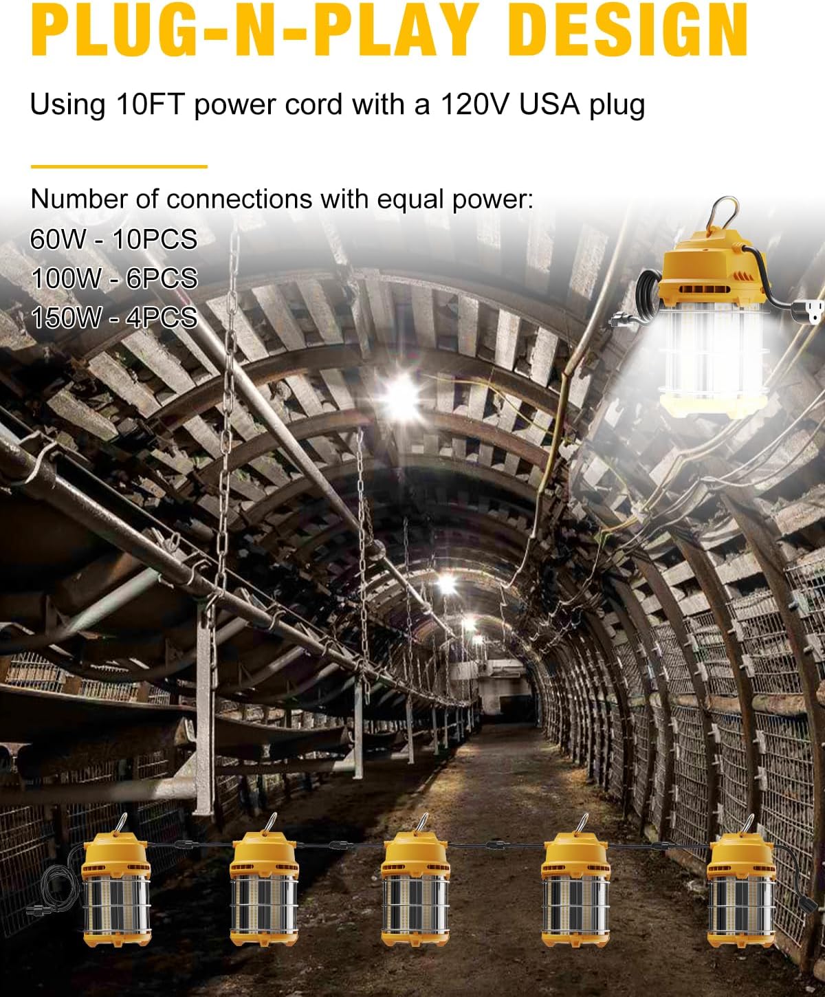 LED Temporary Work Light 100W 5000K 13,000lm, JC-LGL Outdoor Construction Lights Job Site Lighting 10ft Cord Dust Waterproof Hanging Lightin - Image 2