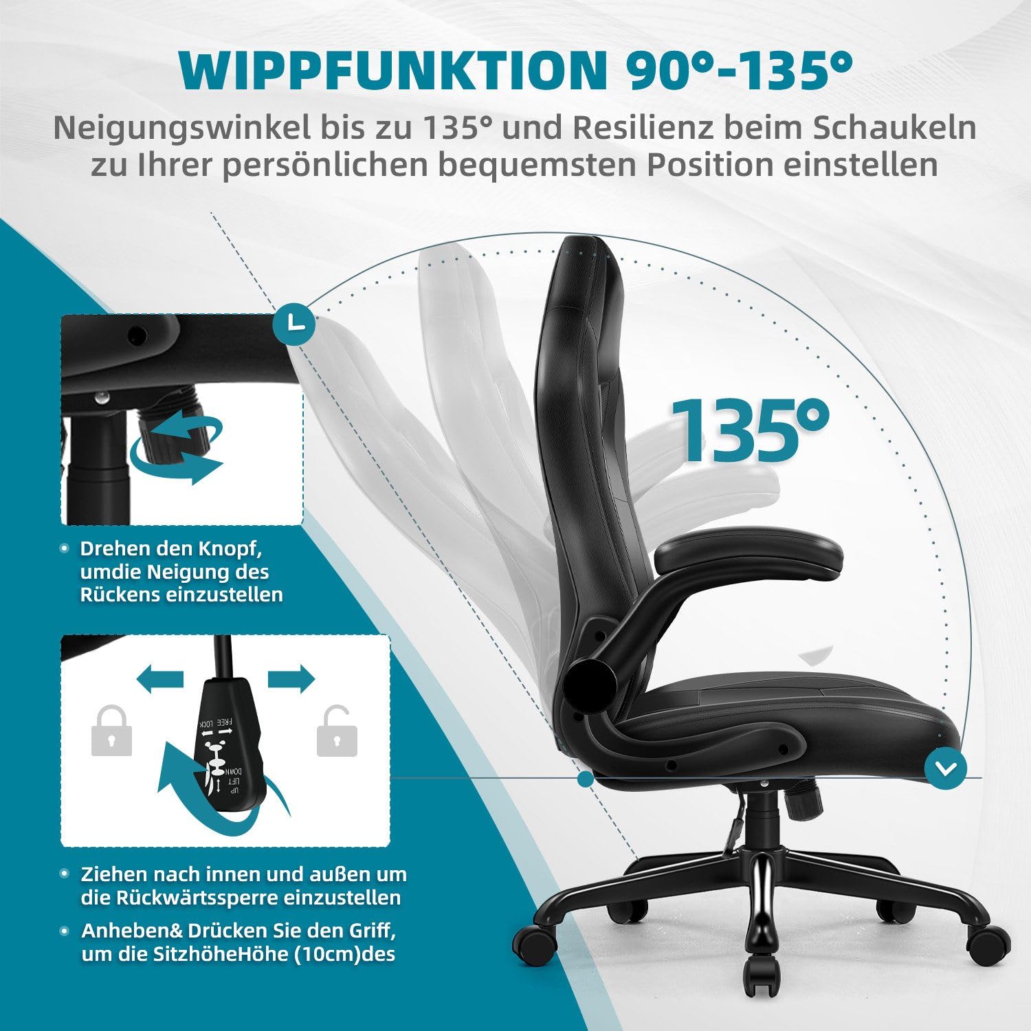Chefsessel, Bürostuhl mit Klappbare Armlehnen, Schreibtischstuhl, Gaming Stuhl, Bürostuhl Ergonomisch,Bürostühle,Office Chair,135°neigbar,Bürostuhl 150 kg,Chefsessel Bürostuhl,Bürostuhl Leder