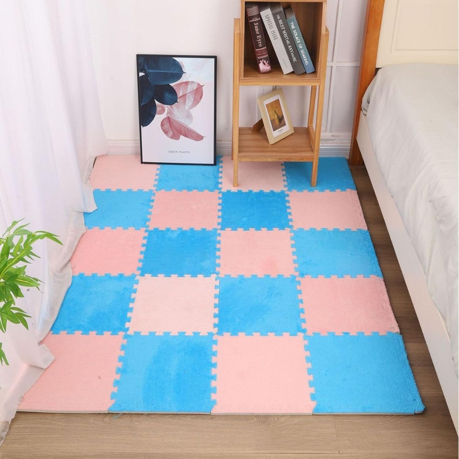 Pluszowy dywanik z pianki do układania puzzli 30 szt. Miękkie puszyste płytki podłogowe z pianki 12x12x1 cal(Pink+blue)