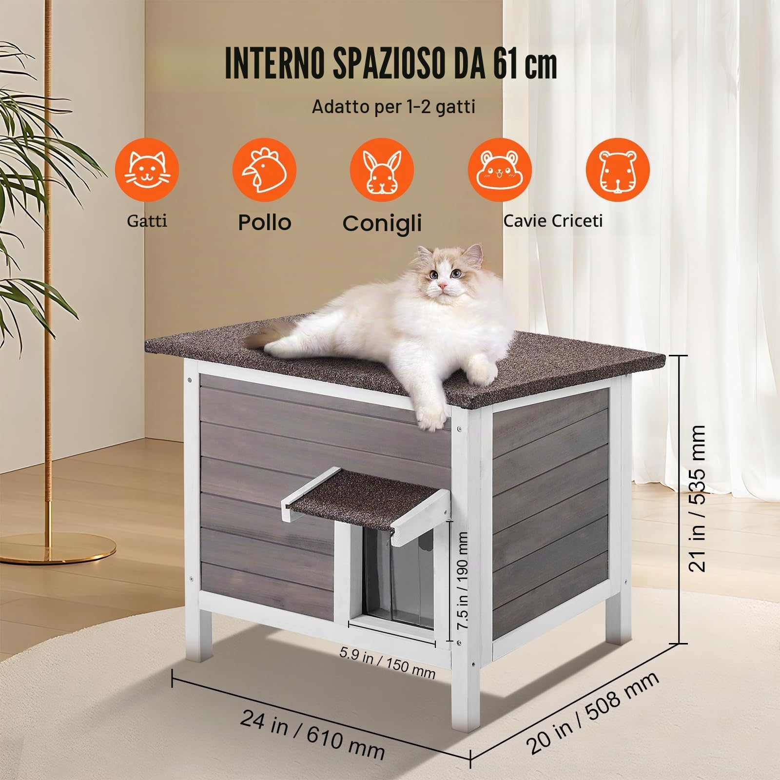 VEVOR Cuccia per Gatti da Esterno, 610x508x535 mm, Cuccia per Gatti in Legno, Resistente alle Intemperie, Isolamento in Schiuma, Tetto Aperto, Porta a Ribalta, Cuccia per Gatti Animali, Grigio