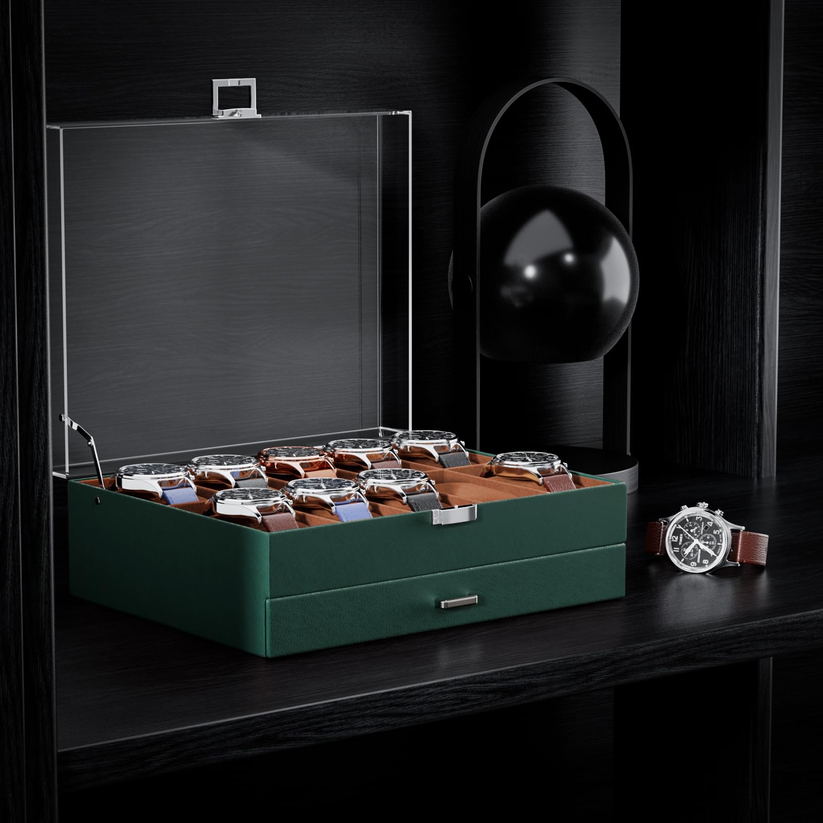 ProCase Caja para 10 Relojes, Organizador de Reloj Estuche de Relojes con Tapa de Cristal para Hombres -Verde